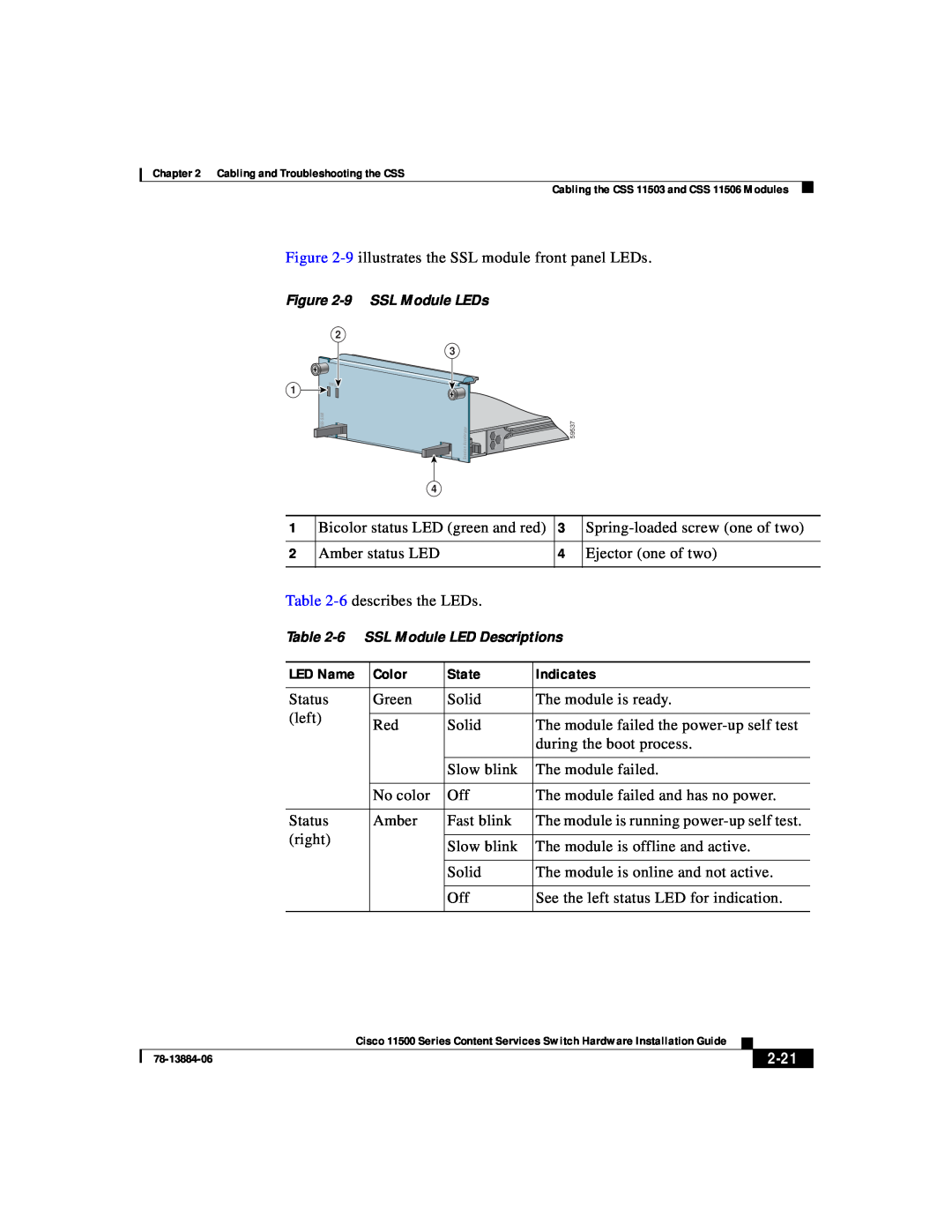 Cisco Systems 11500 Series manual LED Name, Color, State, Indicates, 2-21, 9 SSL Module LEDs, 6 SSL Module LED Descriptions 