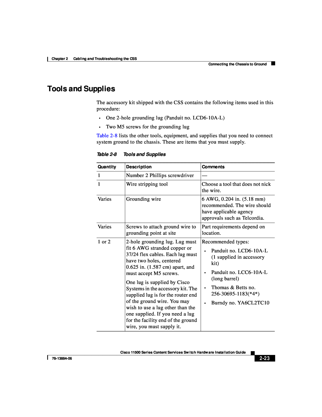 Cisco Systems 11500 Series manual Tools and Supplies, Quantity, Description, Comments, 2-23 