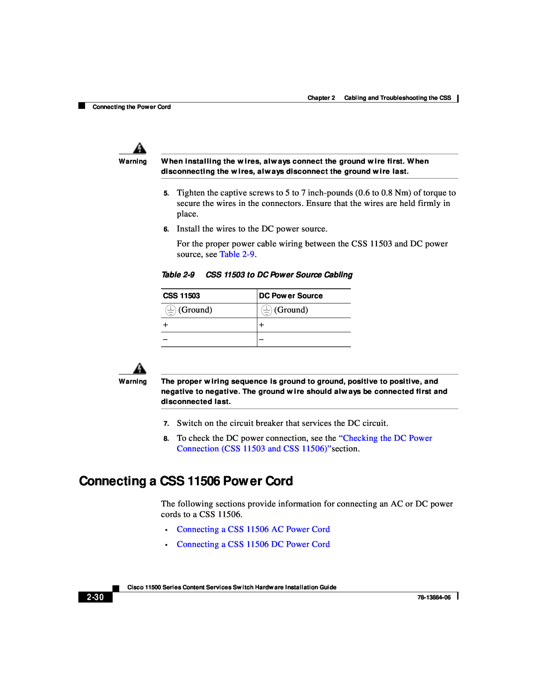 Cisco Systems 11500 Series manual Connecting a CSS 11506 Power Cord, Connecting a CSS 11506 AC Power Cord, 2-30 