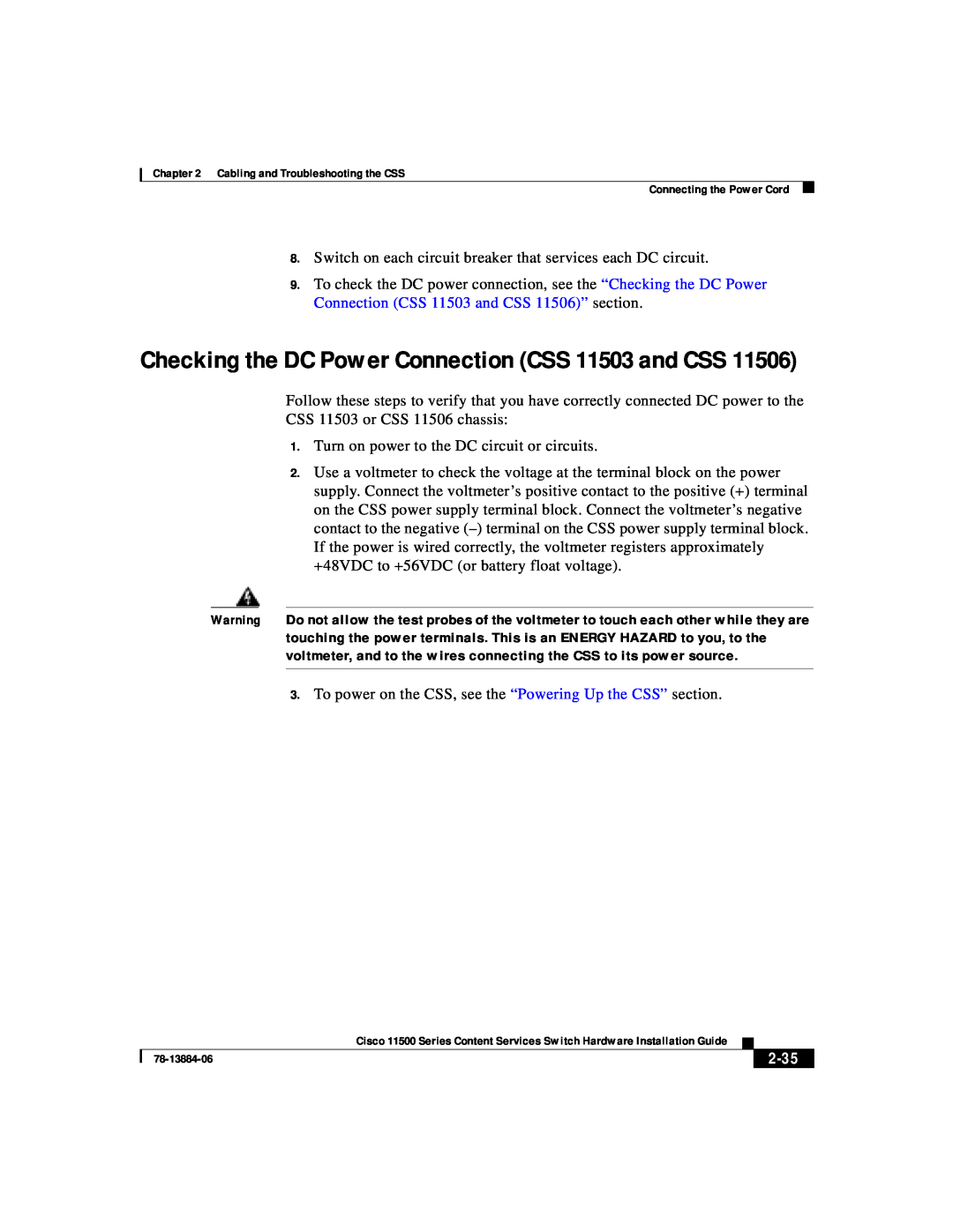 Cisco Systems 11500 Series manual Checking the DC Power Connection CSS 11503 and CSS, 2-35 