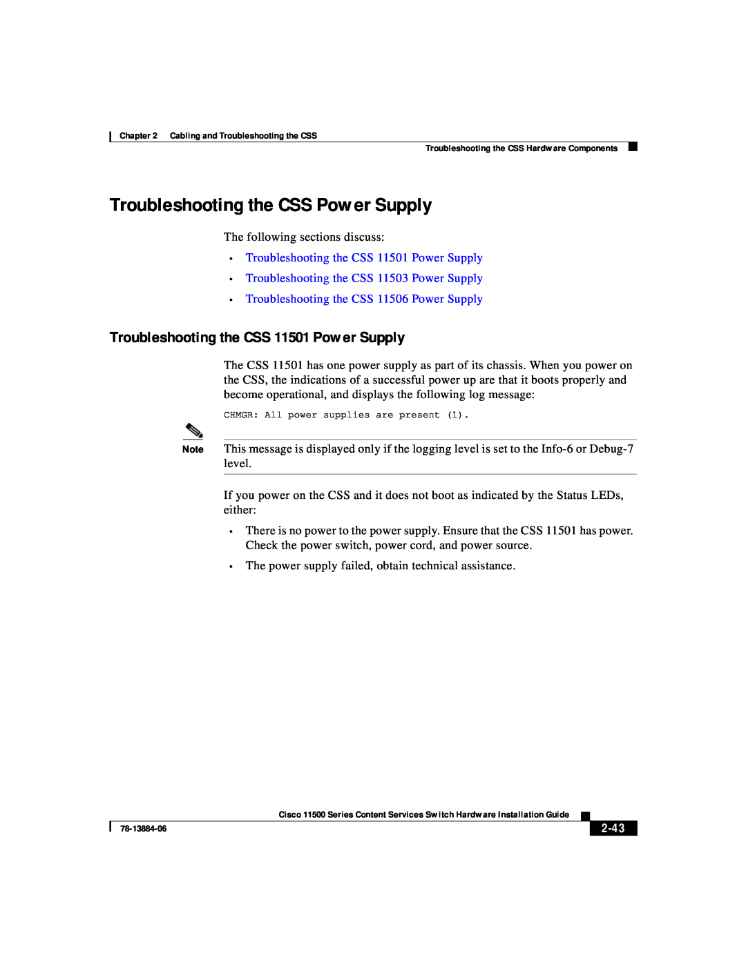 Cisco Systems 11500 Series manual Troubleshooting the CSS Power Supply, Troubleshooting the CSS 11501 Power Supply, 2-43 