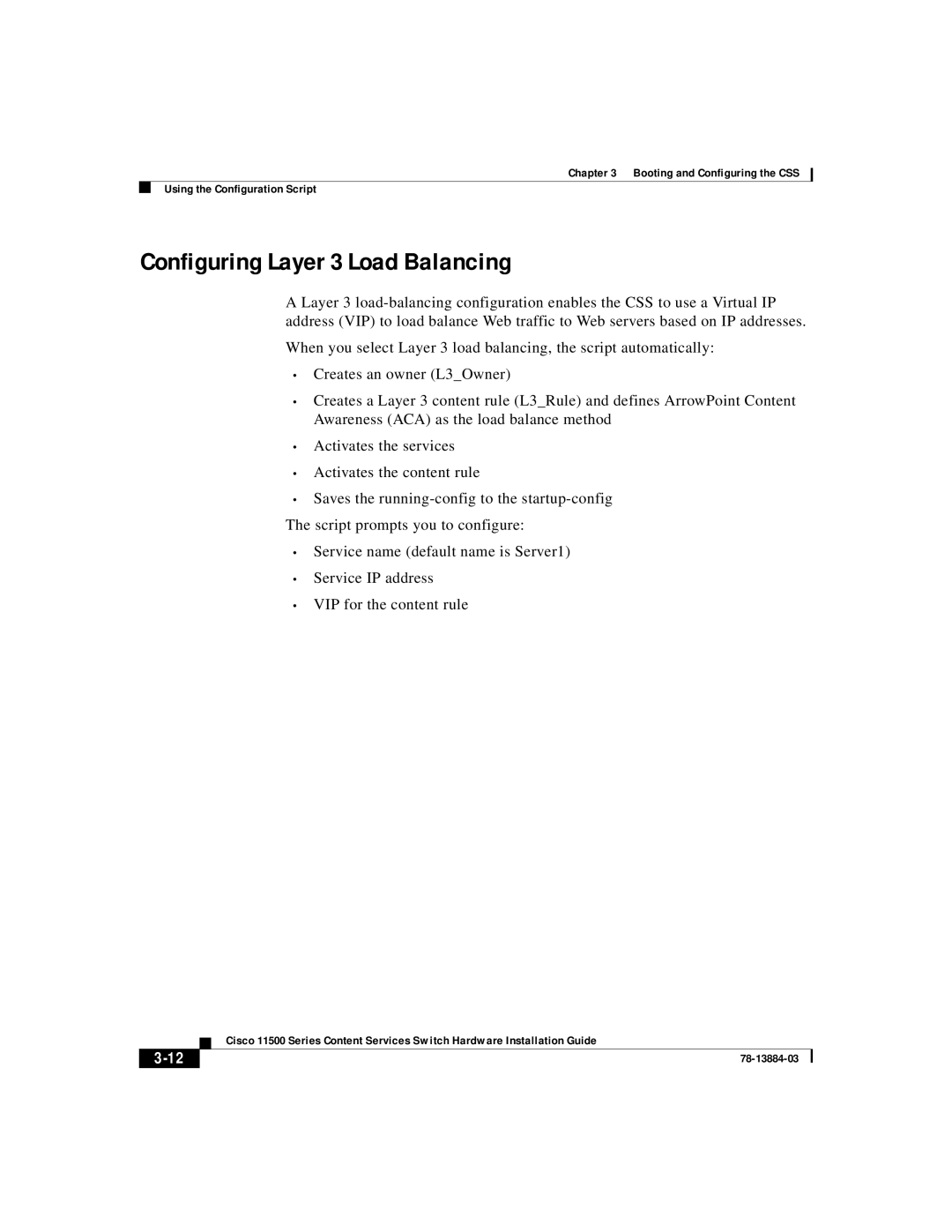 Cisco Systems 11500 Series manual Configuring Layer 3 Load Balancing 