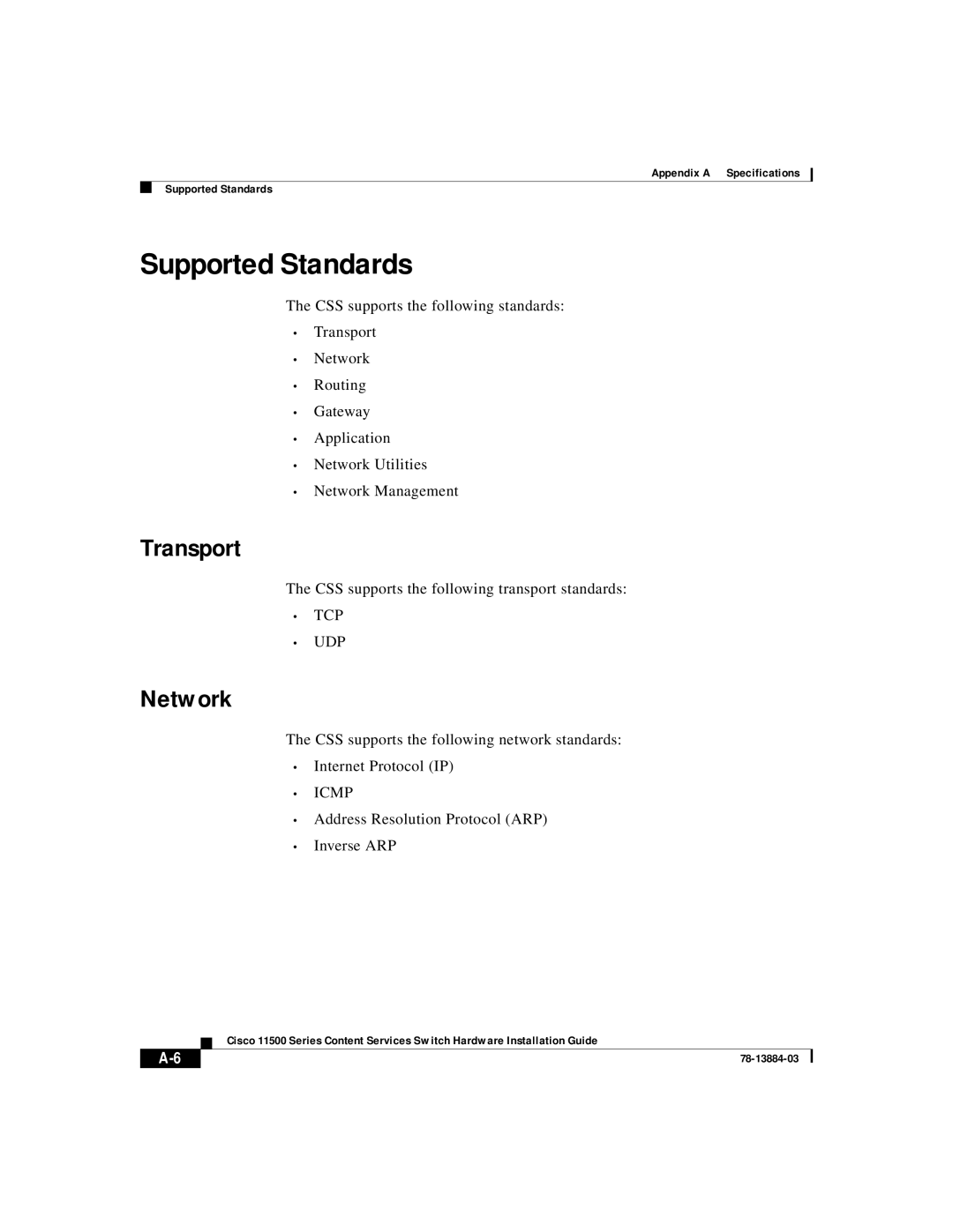 Cisco Systems 11500 Series manual Supported Standards, Transport, Network, CSS supports the following transport standards 