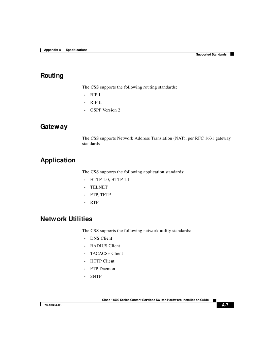 Cisco Systems 11500 Series manual Routing, Gateway, Application, Network Utilities 