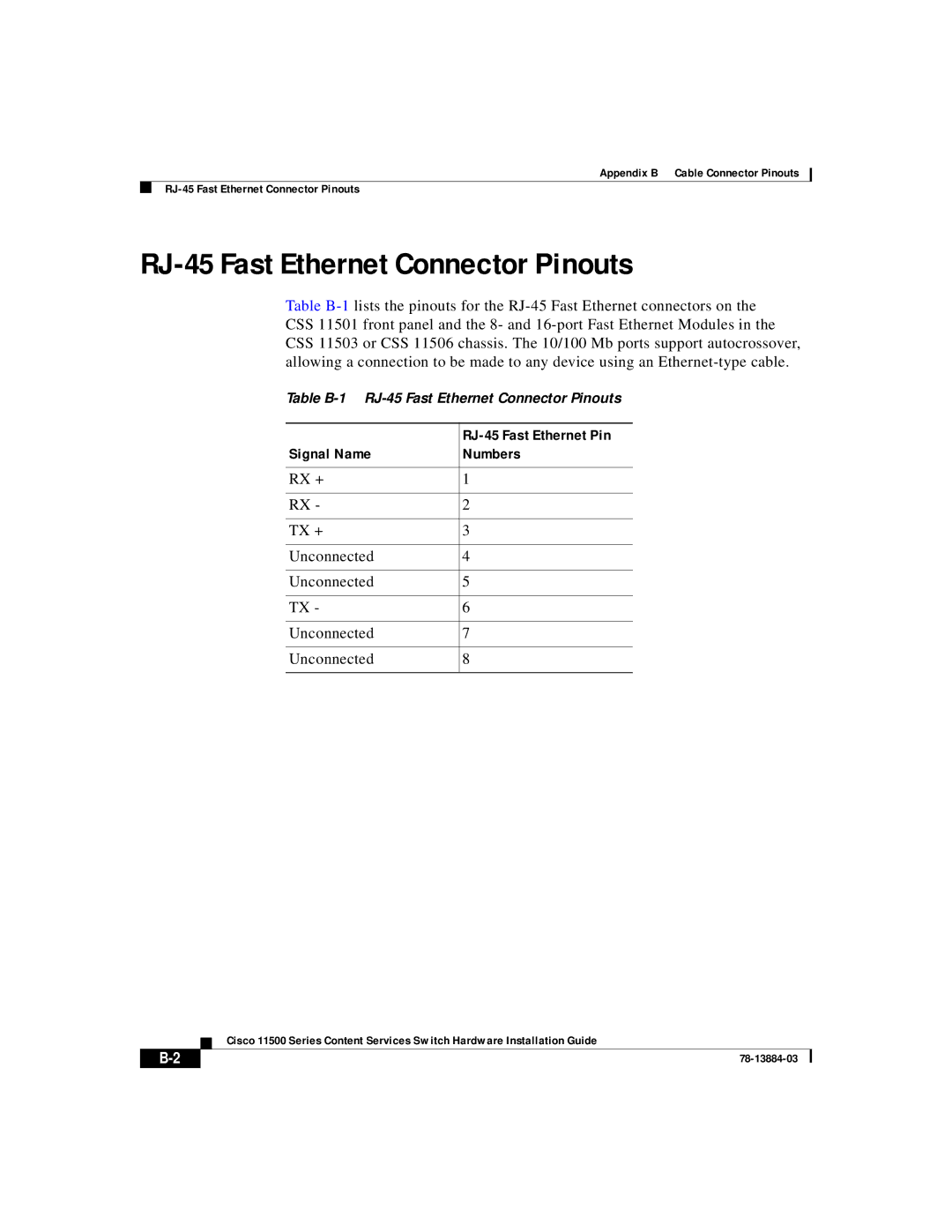 Cisco Systems 11500 Series manual RJ-45 Fast Ethernet Connector Pinouts, RJ-45 Fast Ethernet Pin, Signal Name Numbers 