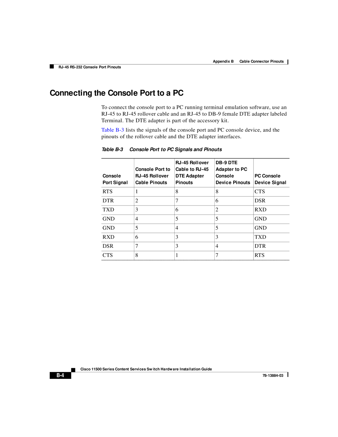 Cisco Systems 11500 Series manual Connecting the Console Port to a PC, RJ-45 Rollover 