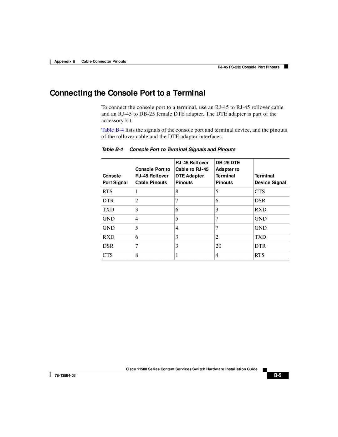 Cisco Systems 11500 Series manual Connecting the Console Port to a Terminal, RJ-45 Rollover DB-25 DTE 