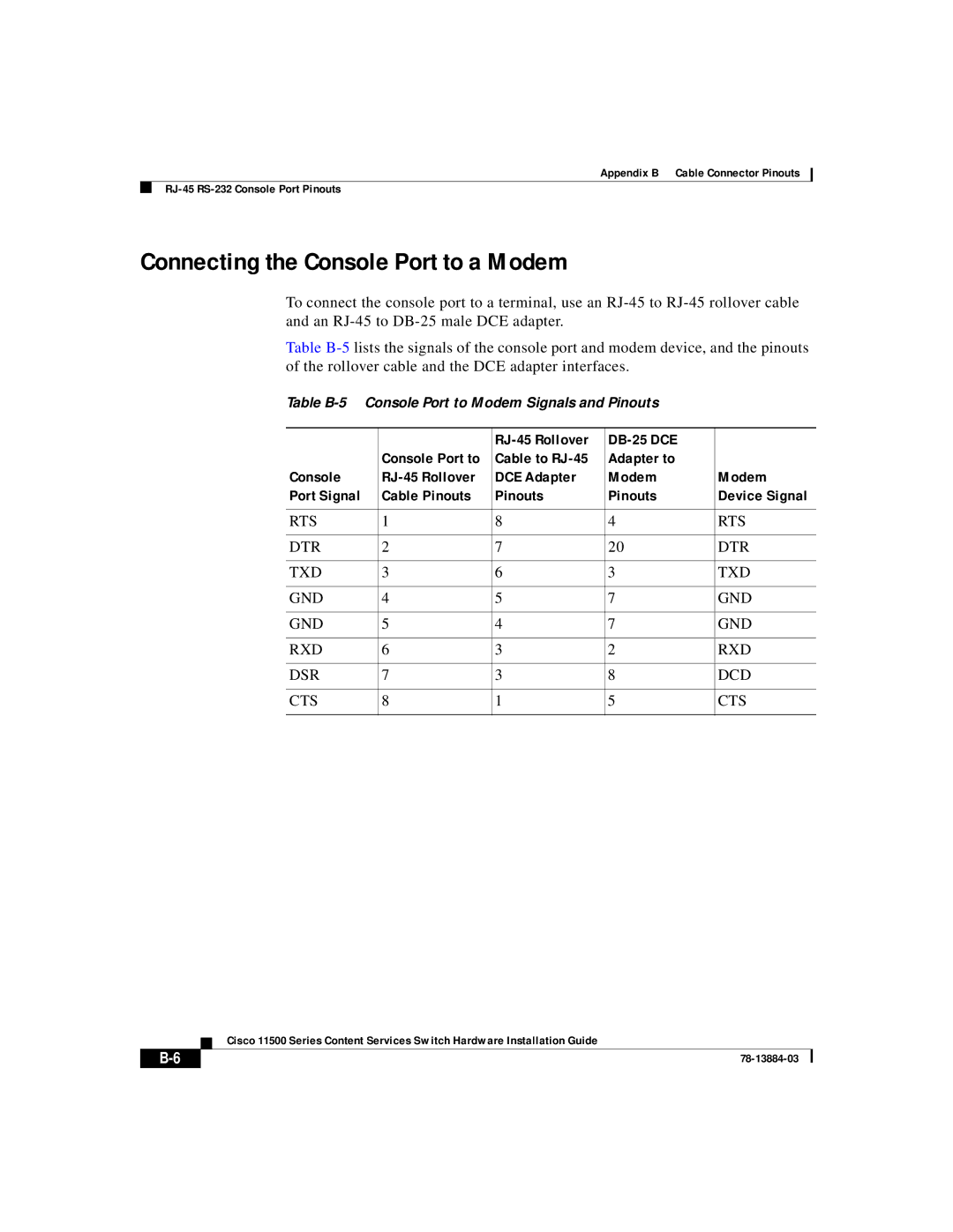 Cisco Systems 11500 Series manual Connecting the Console Port to a Modem, RJ-45 Rollover DB-25 DCE 