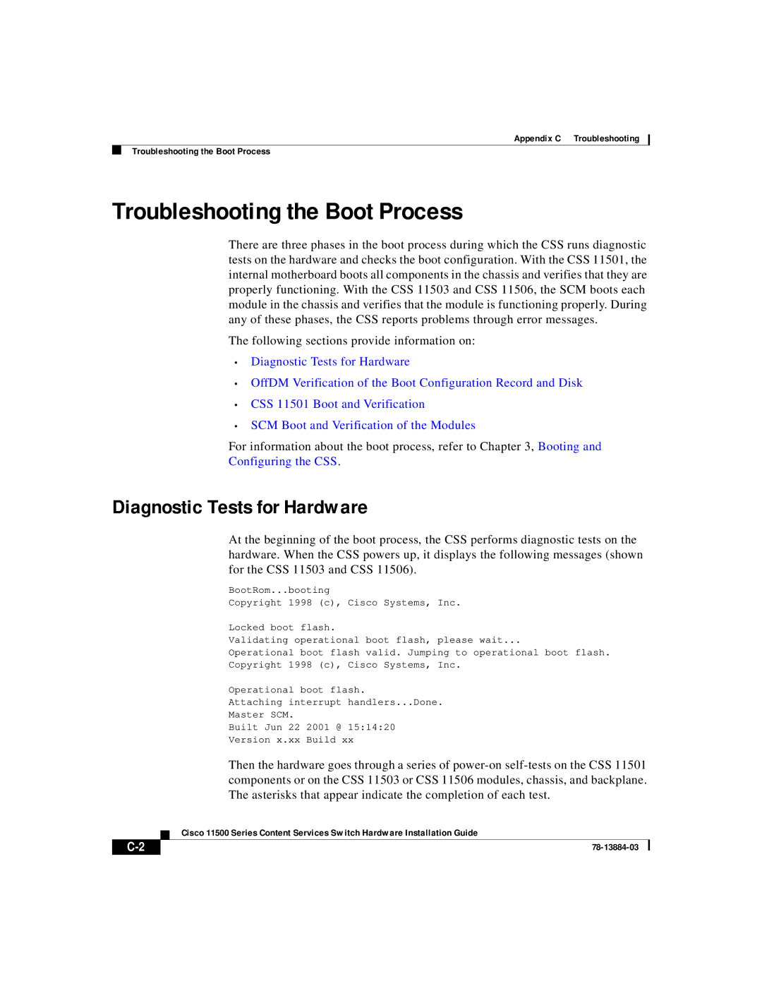 Cisco Systems 11500 Series manual Troubleshooting the Boot Process, Diagnostic Tests for Hardware 