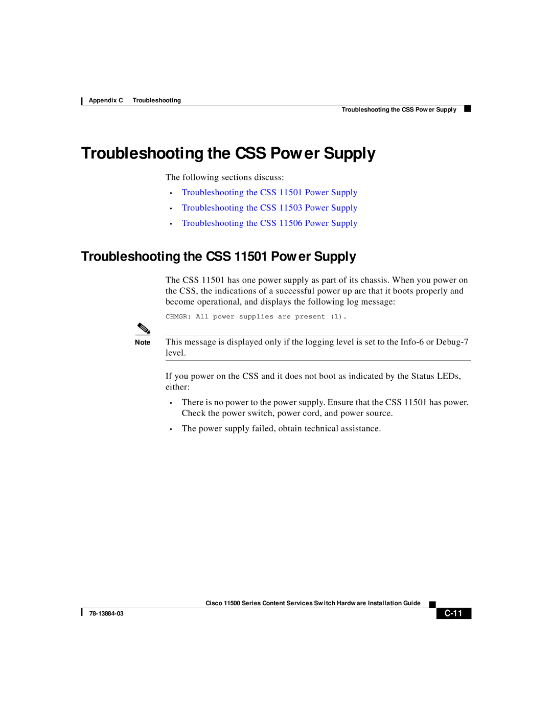 Cisco Systems 11500 Series manual Troubleshooting the CSS Power Supply, Troubleshooting the CSS 11501 Power Supply 