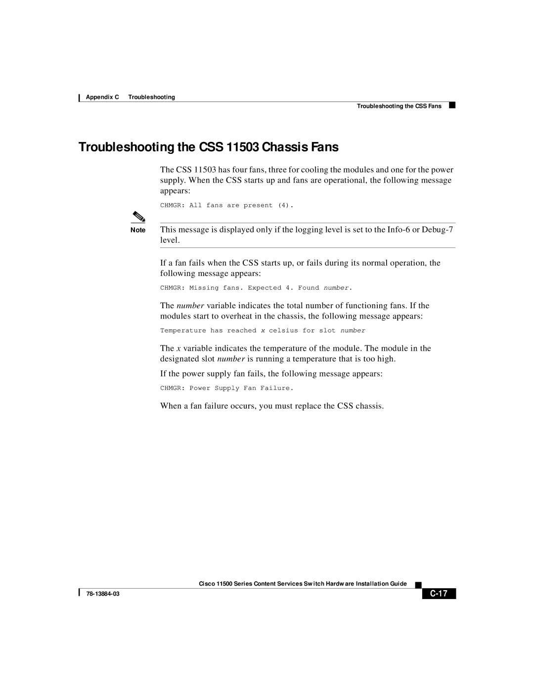 Cisco Systems 11500 Series manual Troubleshooting the CSS 11503 Chassis Fans 