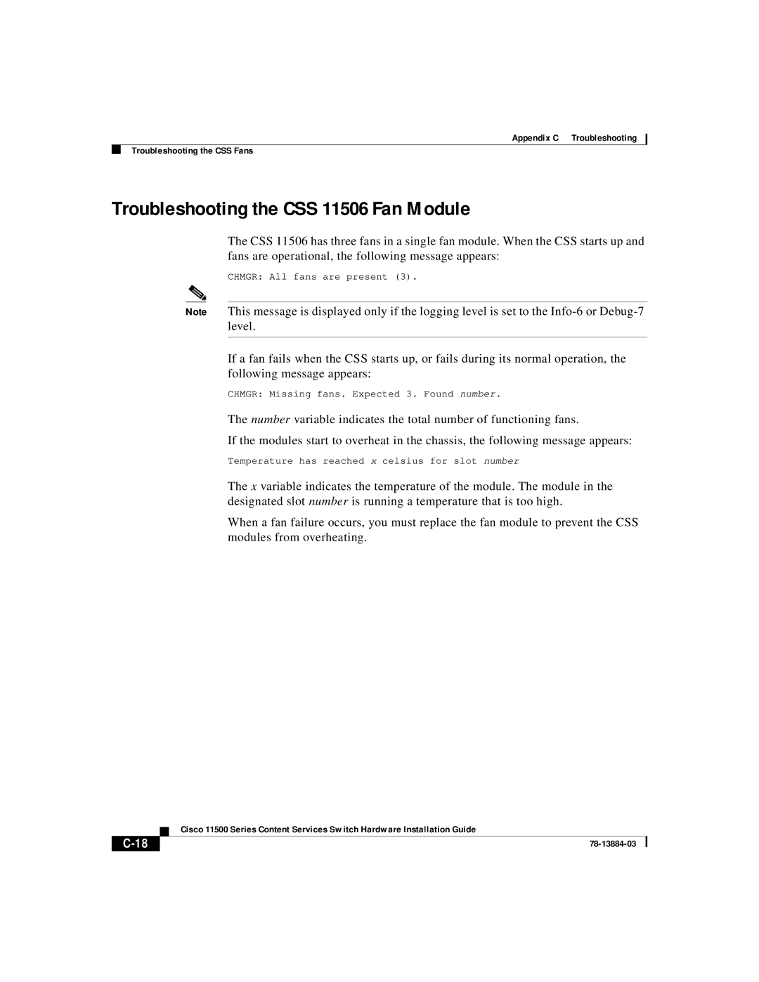 Cisco Systems 11500 Series manual Troubleshooting the CSS 11506 Fan Module 