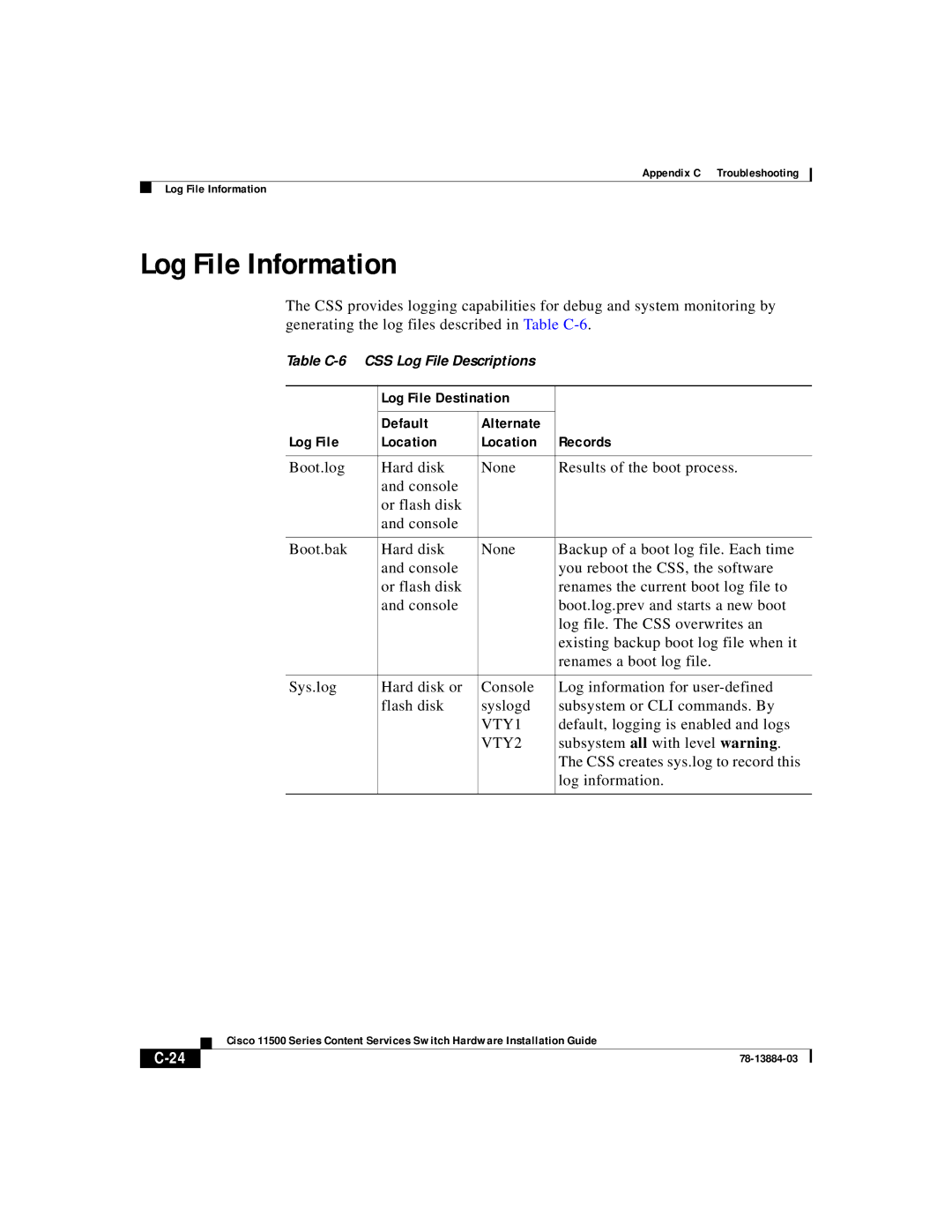 Cisco Systems 11500 Series manual Log File Information, Log File Destination Default Alternate Location Records 