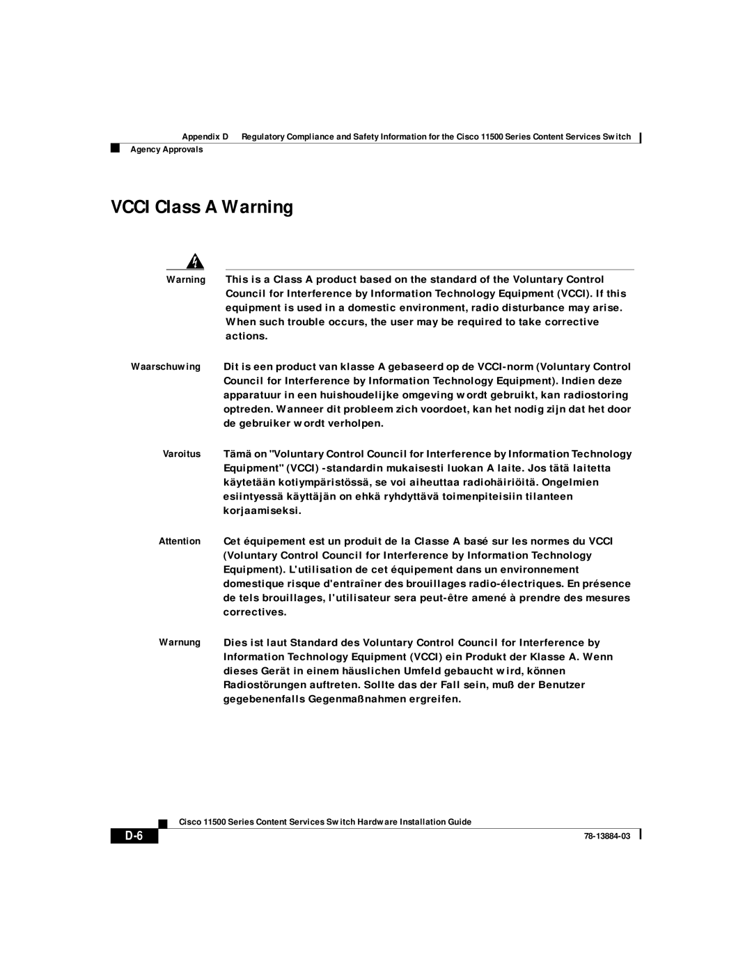 Cisco Systems 11500 Series manual Vcci Class a Warning 