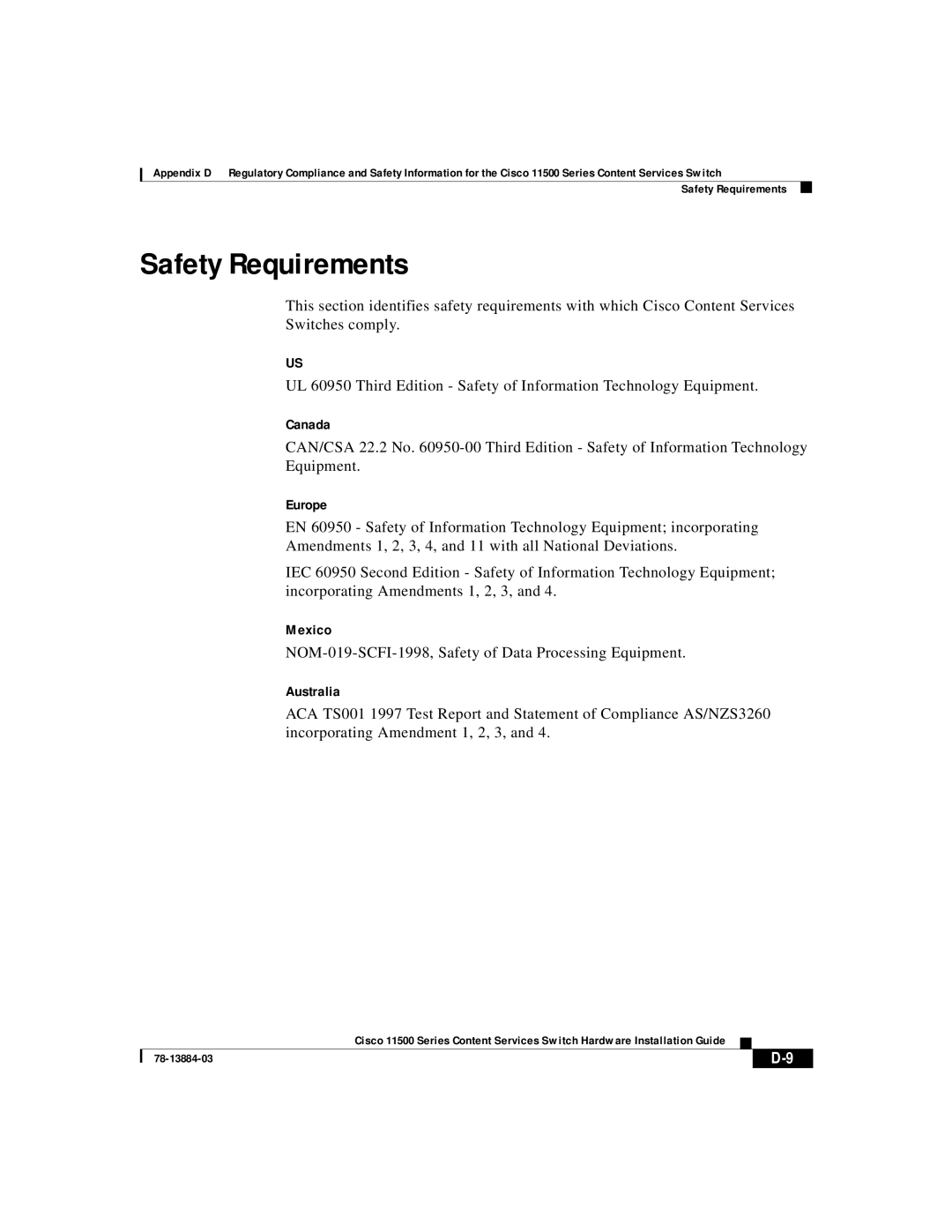 Cisco Systems 11500 Series manual Safety Requirements, Canada, Europe, Mexico, Australia 