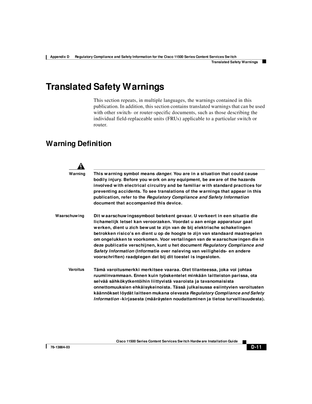 Cisco Systems 11500 Series manual Translated Safety Warnings 