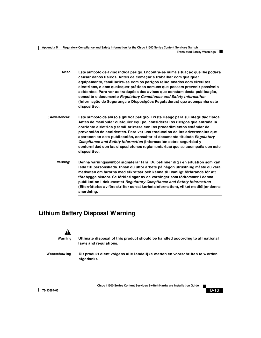 Cisco Systems 11500 Series manual Lithium Battery Disposal Warning 