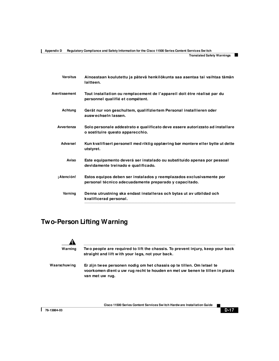 Cisco Systems 11500 Series manual Two-Person Lifting Warning 