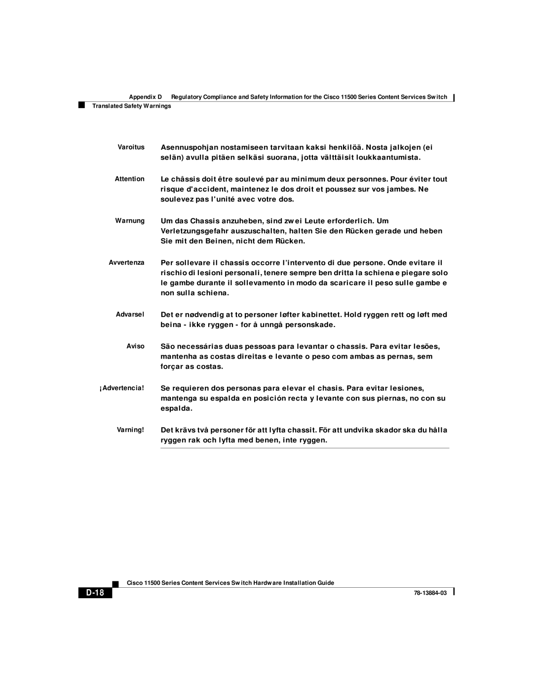 Cisco Systems 11500 Series manual Translated Safety Warnings 