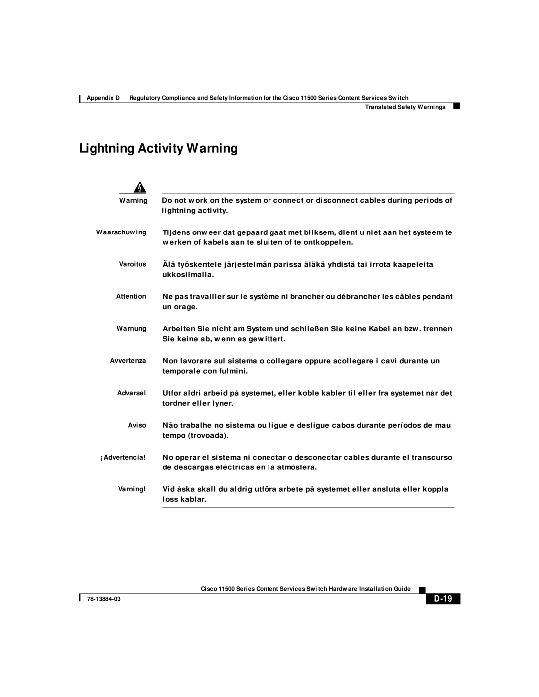 Cisco Systems 11500 Series manual Lightning Activity Warning 