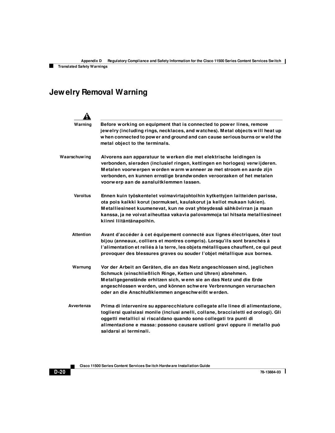 Cisco Systems 11500 Series manual Jewelry Removal Warning 