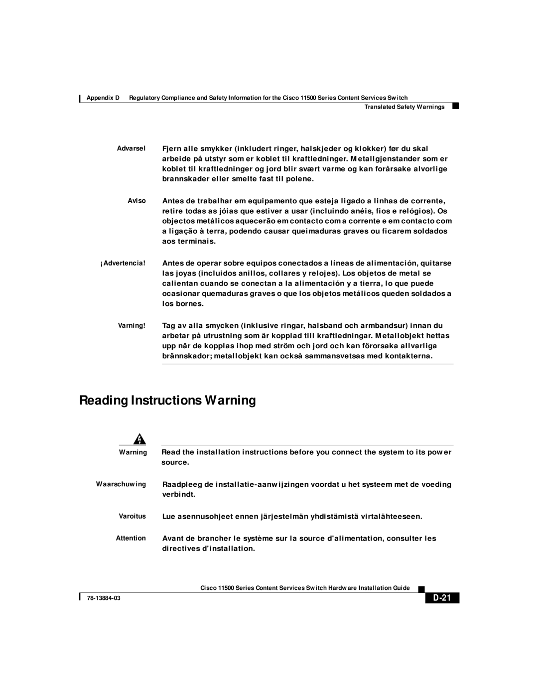 Cisco Systems 11500 Series manual Reading Instructions Warning 