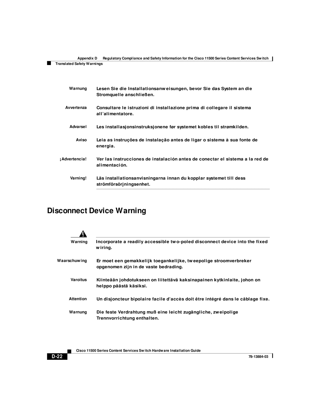 Cisco Systems 11500 Series manual Disconnect Device Warning 