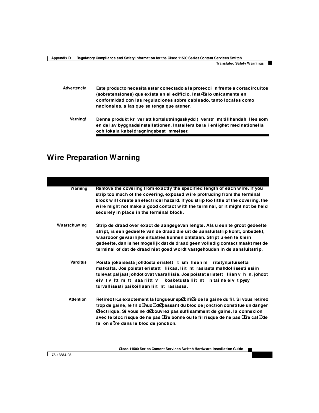 Cisco Systems 11500 Series manual Wire Preparation Warning 