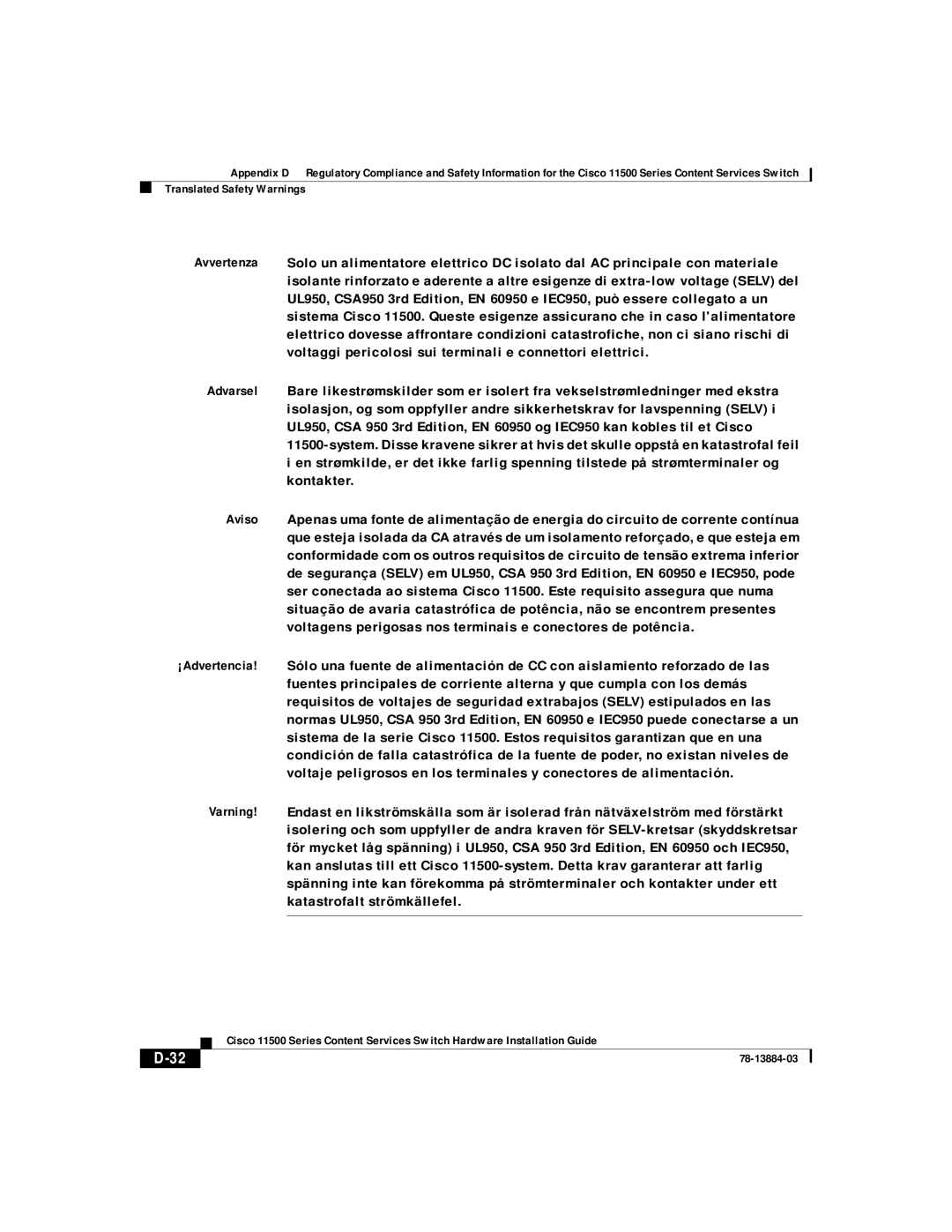 Cisco Systems 11500 Series manual Translated Safety Warnings 