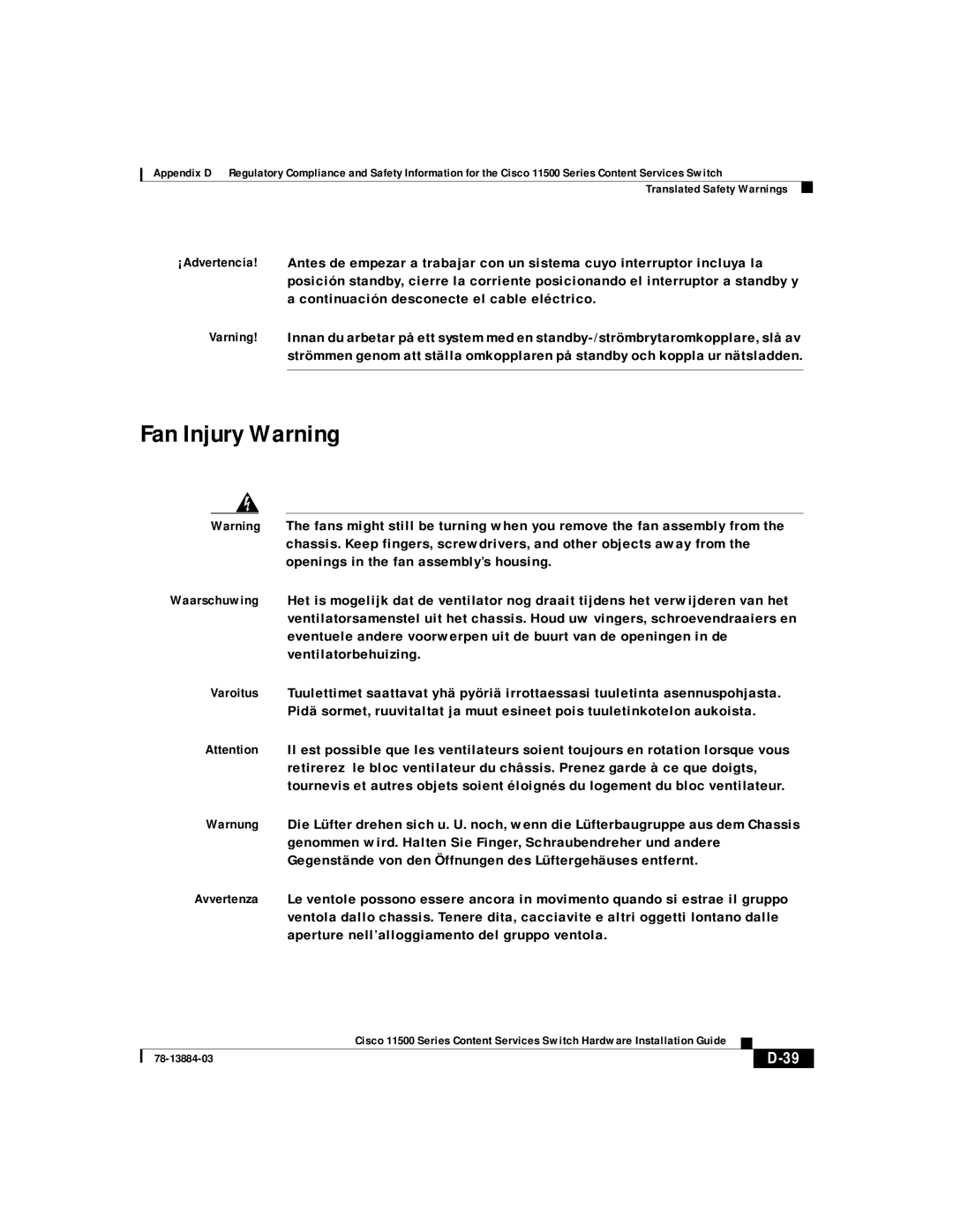 Cisco Systems 11500 Series manual Fan Injury Warning 