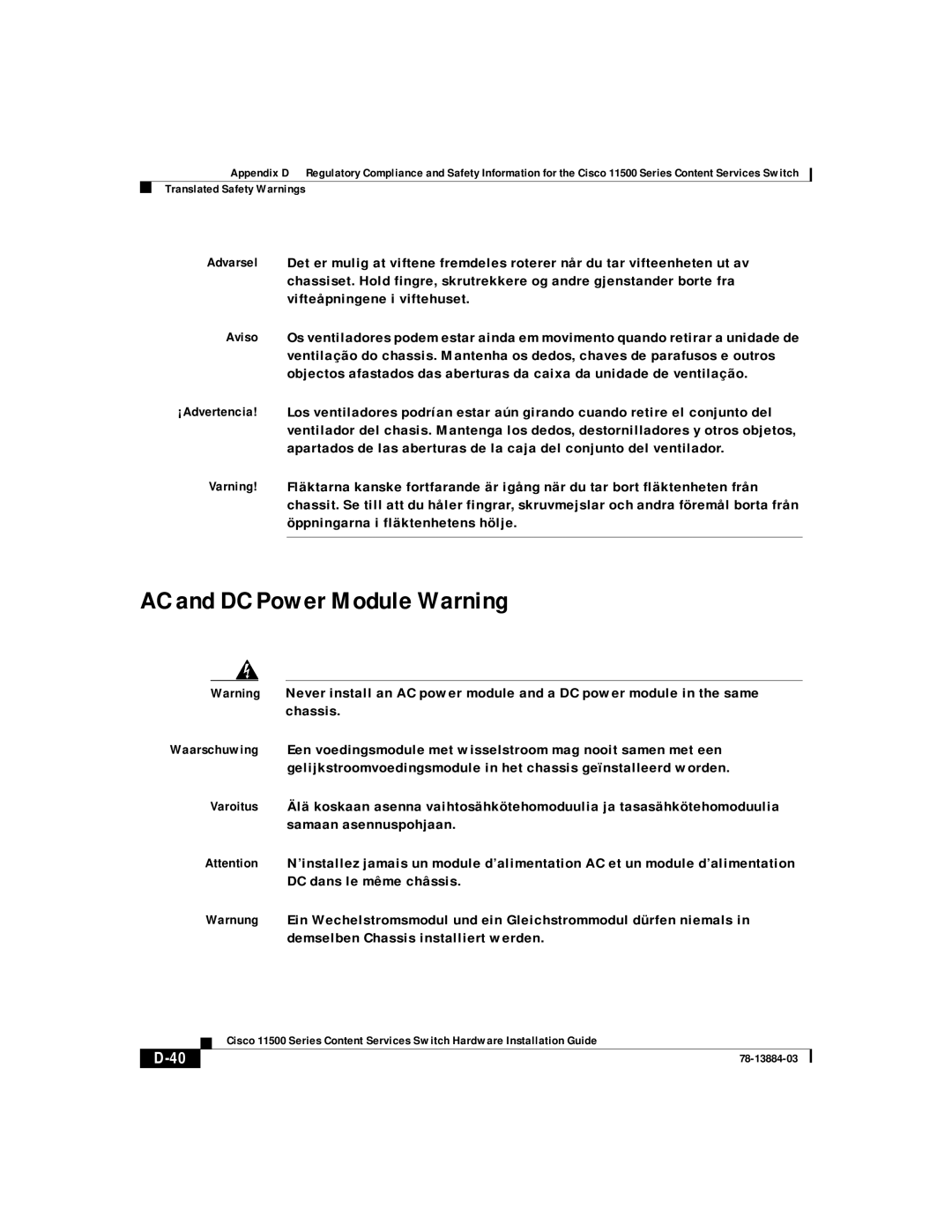 Cisco Systems 11500 Series manual AC and DC Power Module Warning 