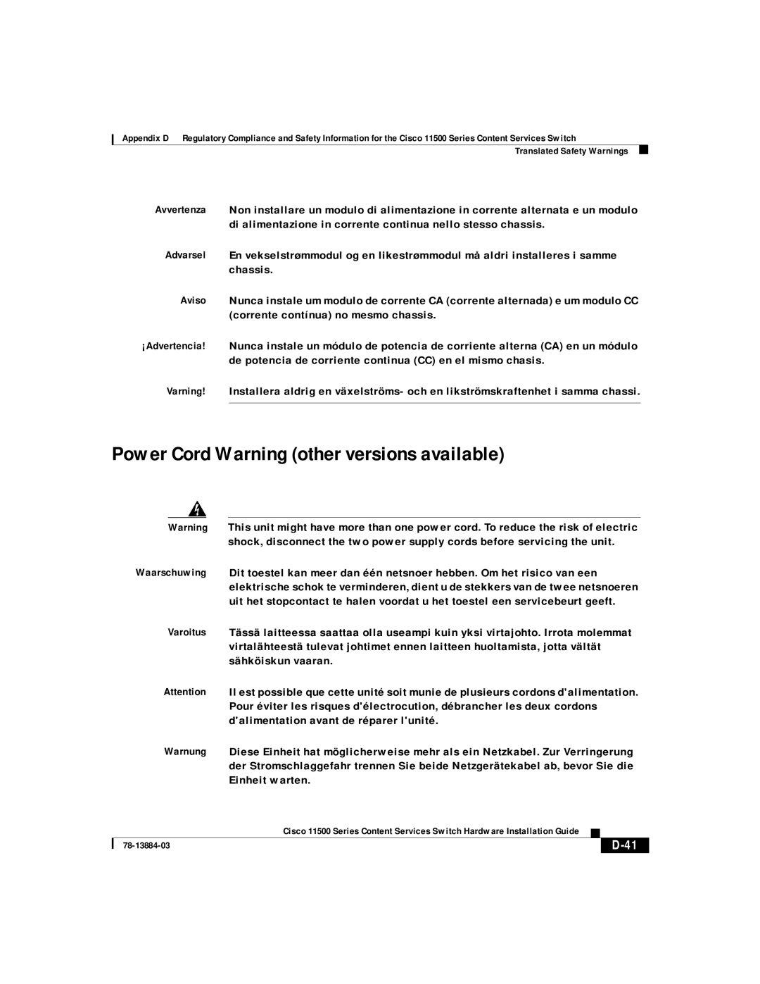 Cisco Systems 11500 Series manual Power Cord Warning other versions available 