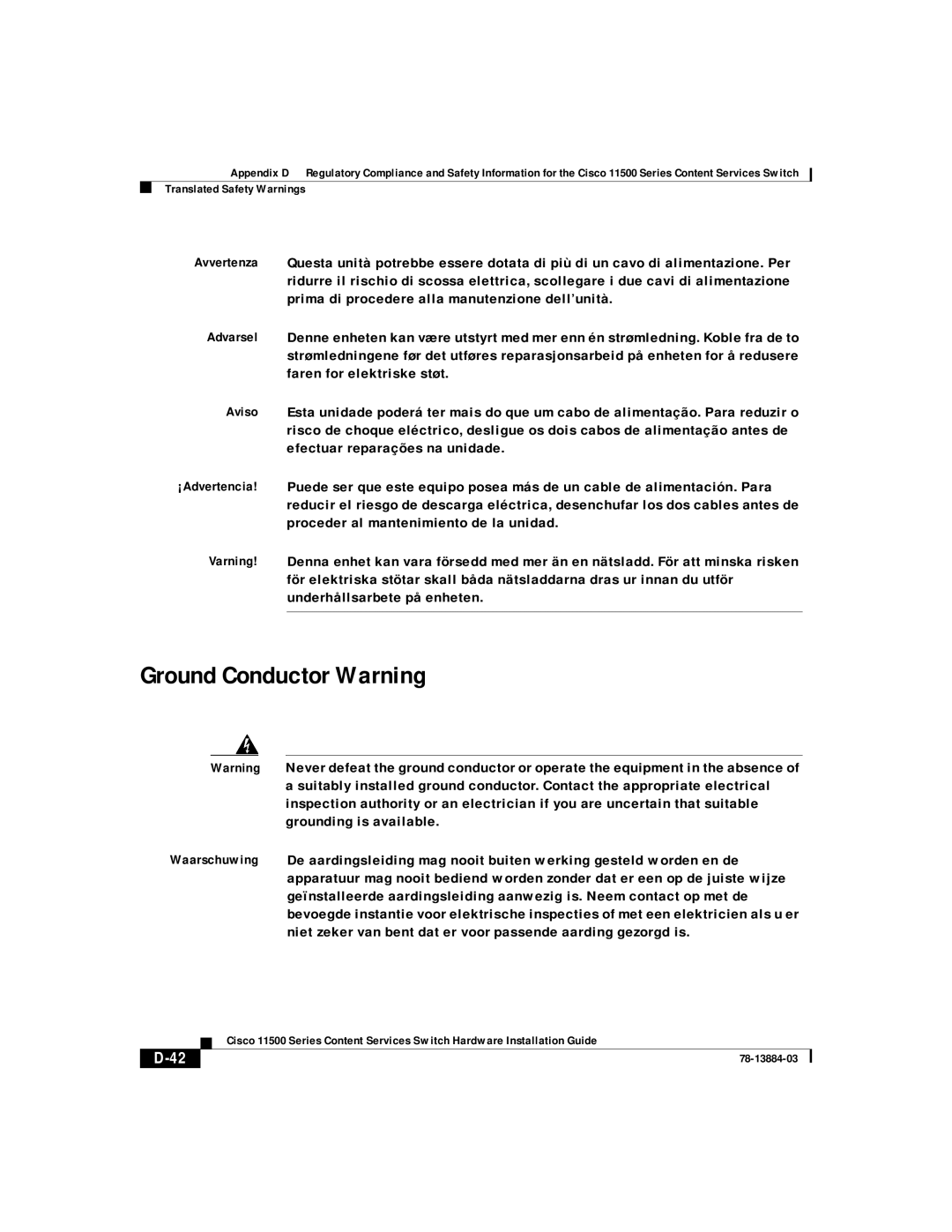 Cisco Systems 11500 Series manual Ground Conductor Warning 