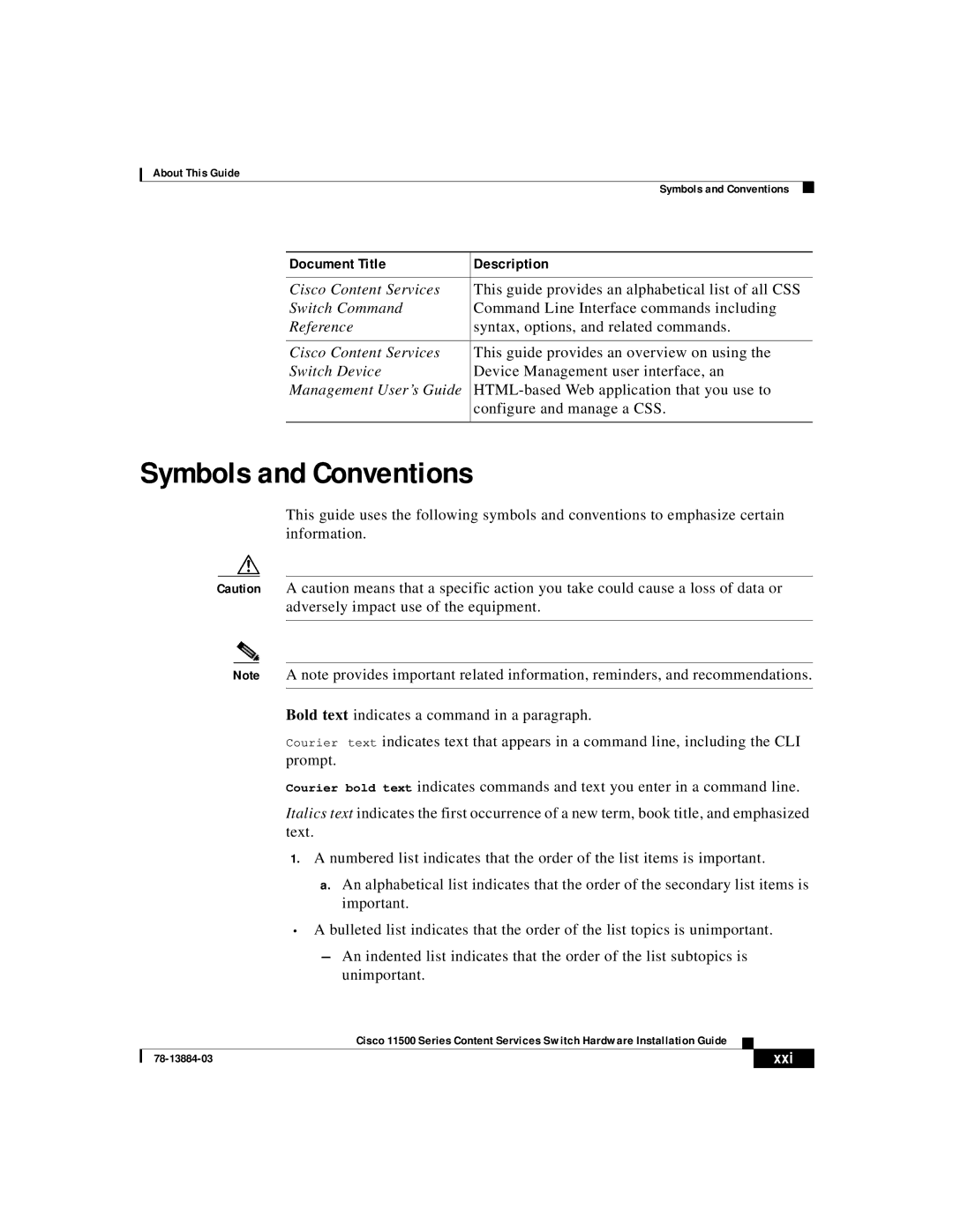 Cisco Systems 11500 Series manual Symbols and Conventions, Xxi 