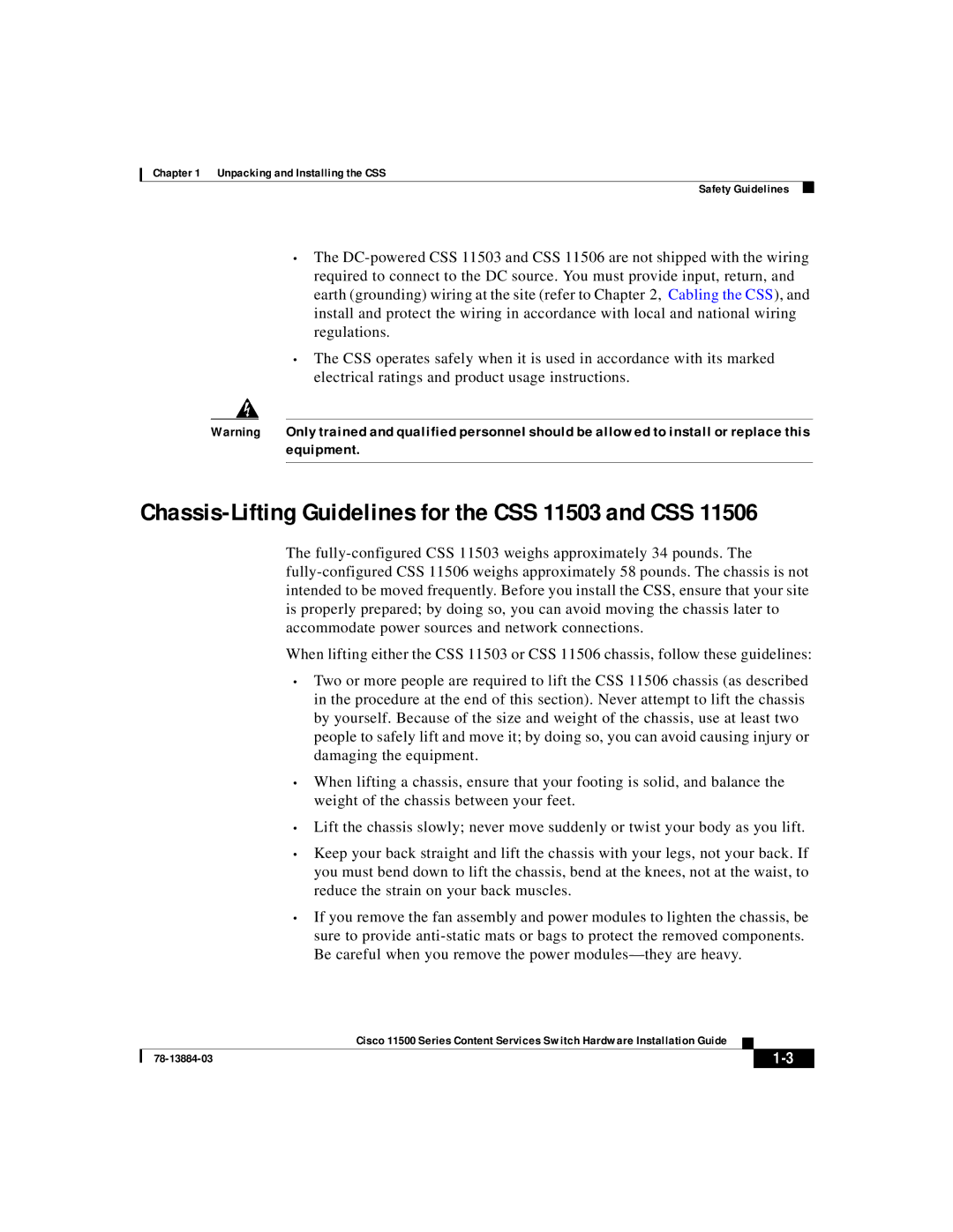 Cisco Systems 11500 Series manual Chassis-Lifting Guidelines for the CSS 11503 and CSS 