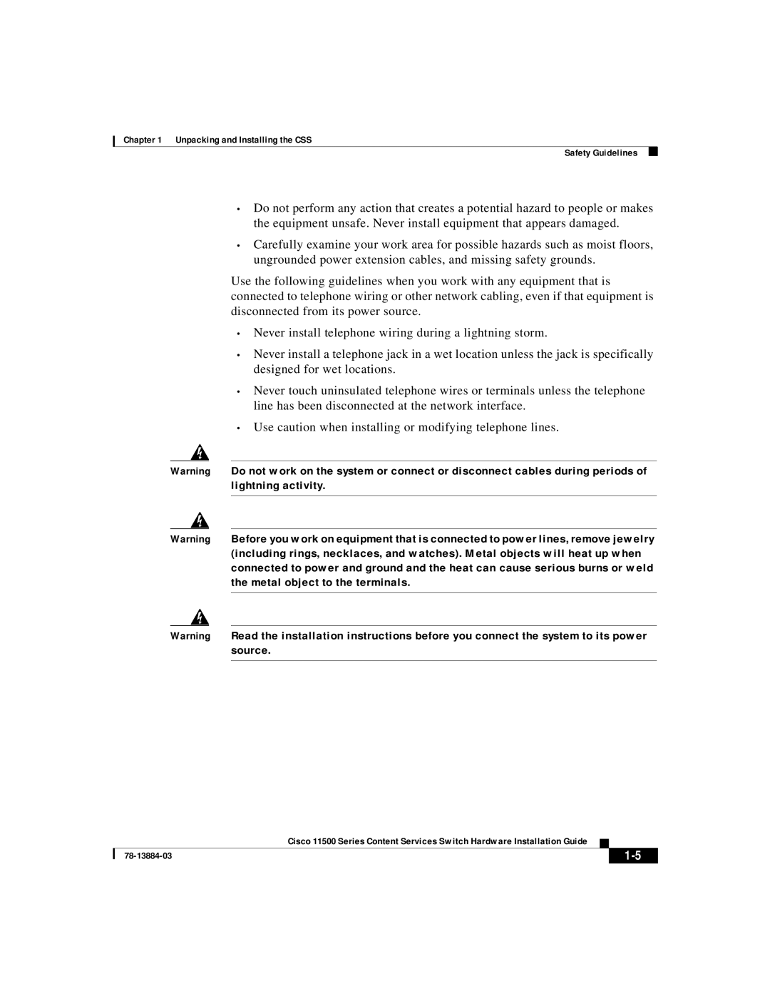 Cisco Systems 11500 Series manual Unpacking and Installing the CSS Safety Guidelines 