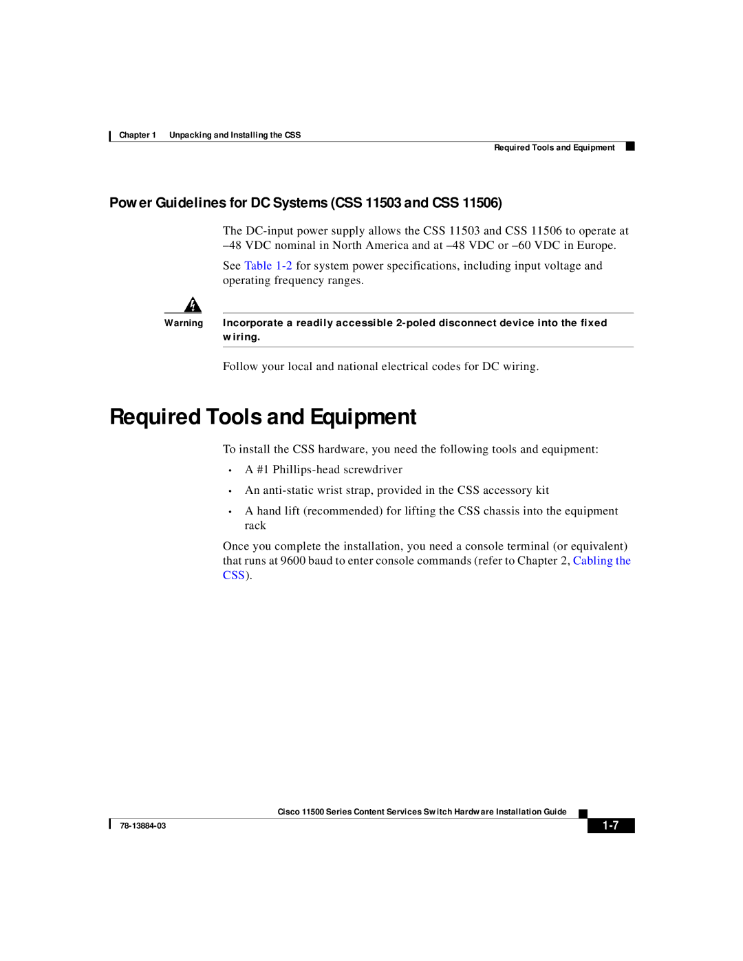 Cisco Systems 11500 Series manual Required Tools and Equipment, Power Guidelines for DC Systems CSS 11503 and CSS 