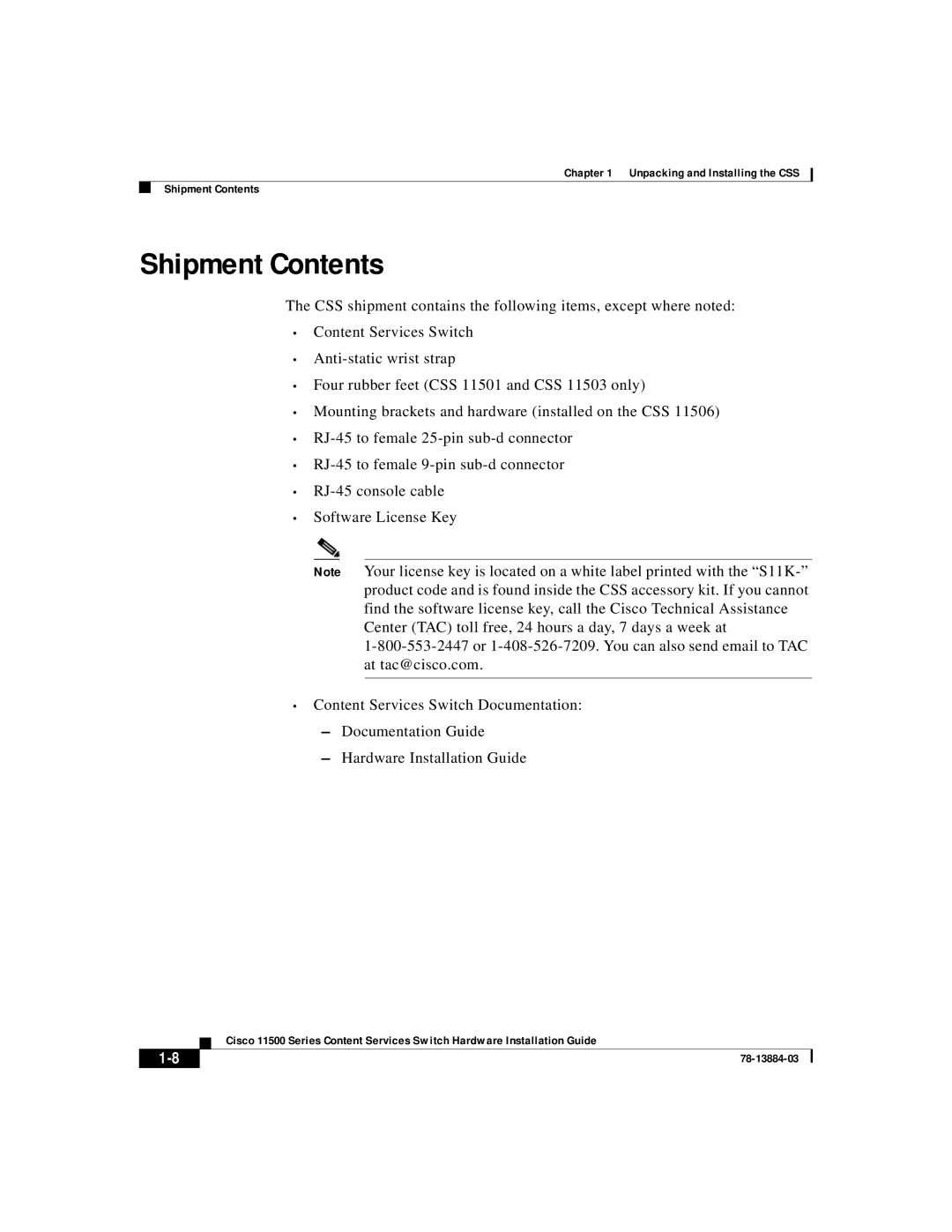 Cisco Systems 11500 Series manual Shipment Contents 