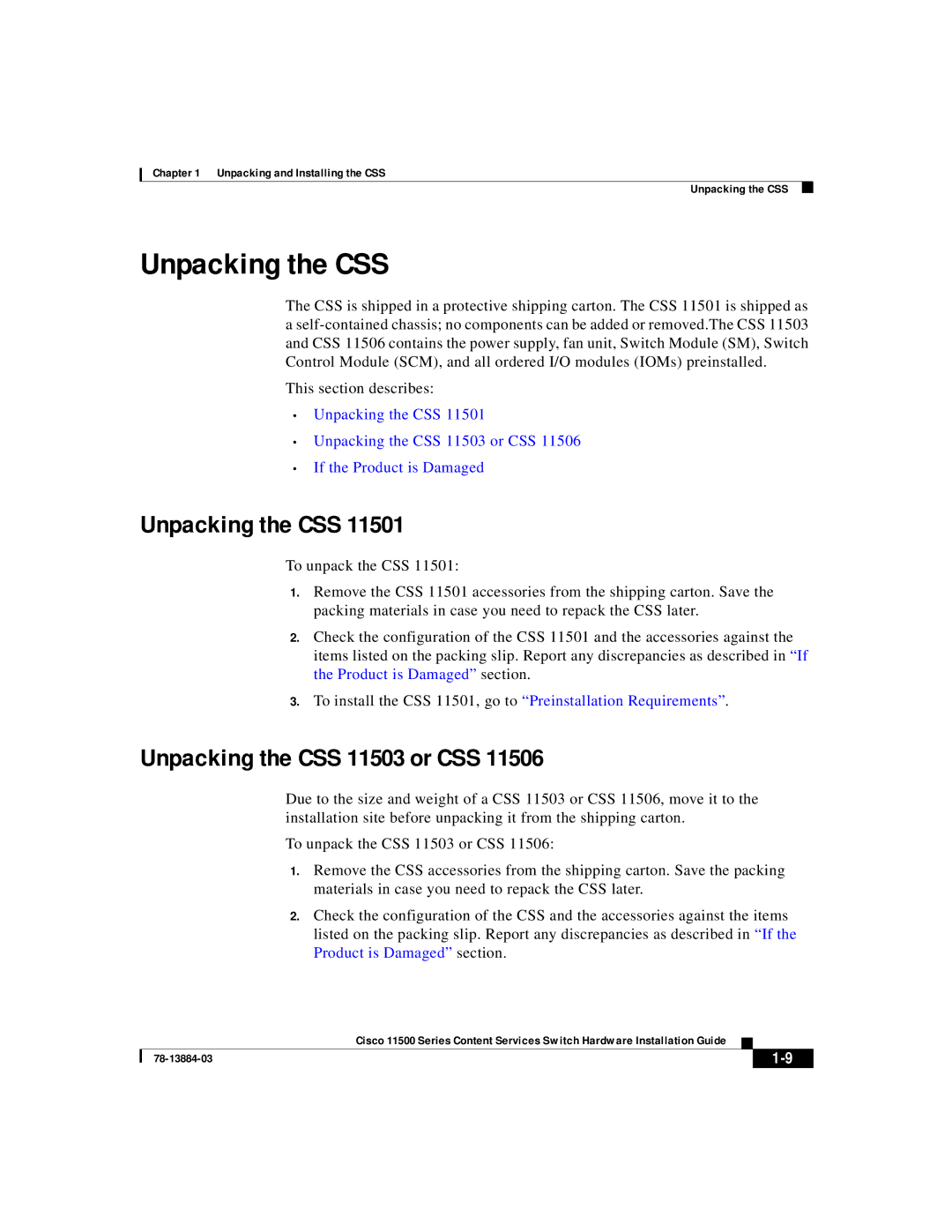 Cisco Systems 11500 Series manual Unpacking the CSS 11503 or CSS 