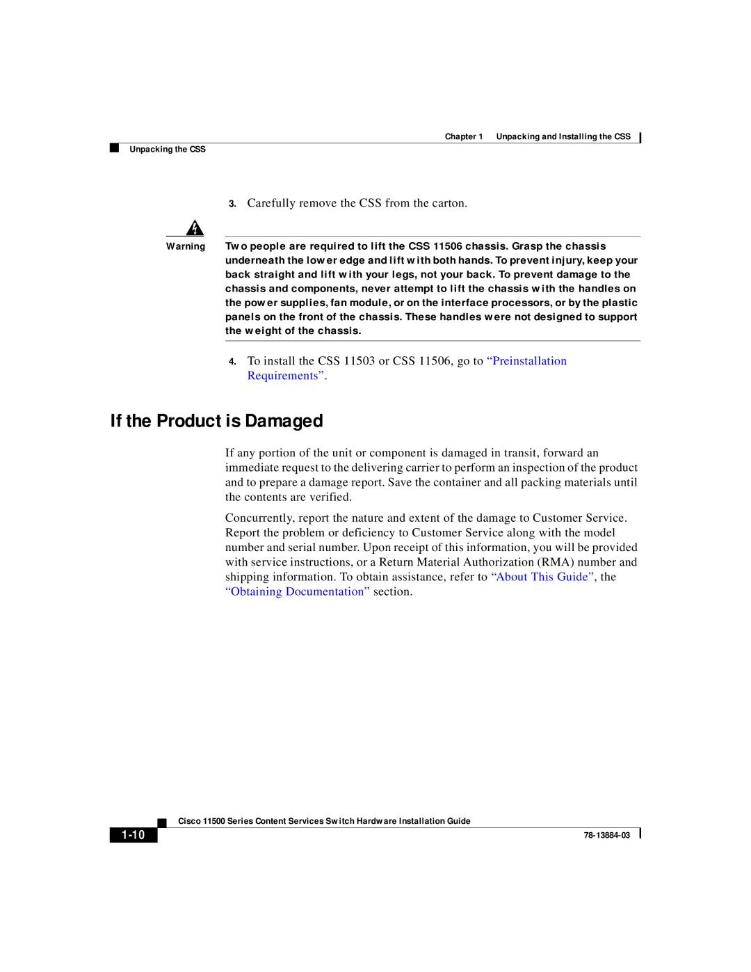 Cisco Systems 11500 Series manual If the Product is Damaged 