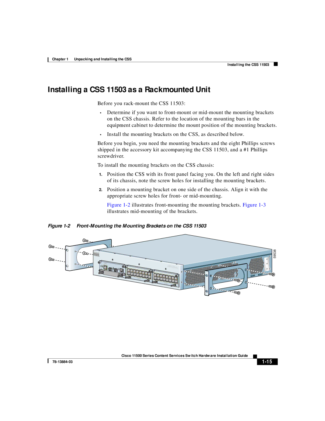 Cisco Systems 11500 Series manual Installing a CSS 11503 as a Rackmounted Unit, 59538 