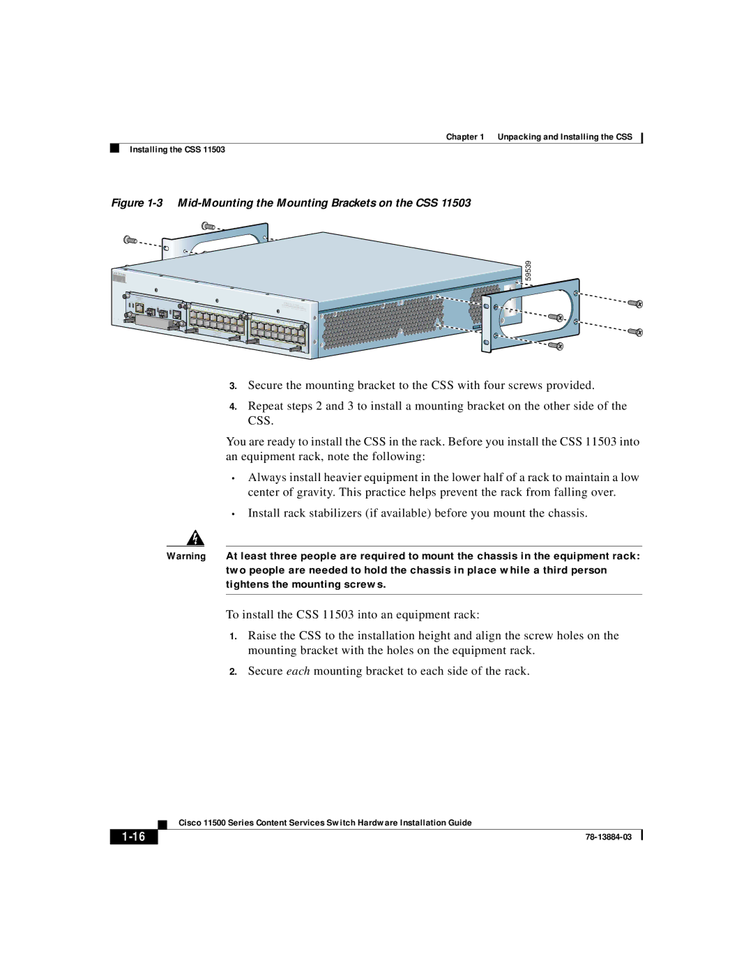 Cisco Systems 11500 Series manual Mid-Mounting the Mounting Brackets on the CSS 