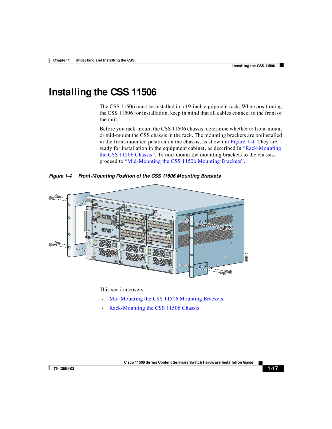 Cisco Systems 11500 Series manual Front-Mounting Position of the CSS 11506 Mounting Brackets 