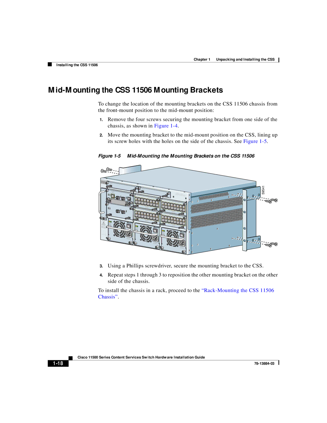 Cisco Systems 11500 Series manual Mid-Mounting the CSS 11506 Mounting Brackets 