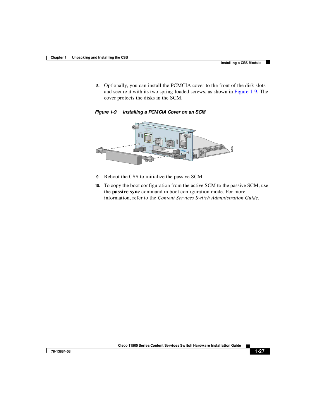 Cisco Systems 11500 Series manual Installing a Pcmcia Cover on an SCM 