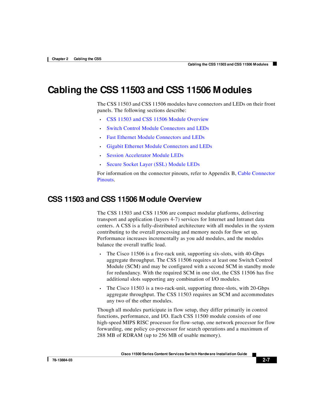 Cisco Systems 11500 Series manual Cabling the CSS 11503 and CSS 11506 Modules, CSS 11503 and CSS 11506 Module Overview 