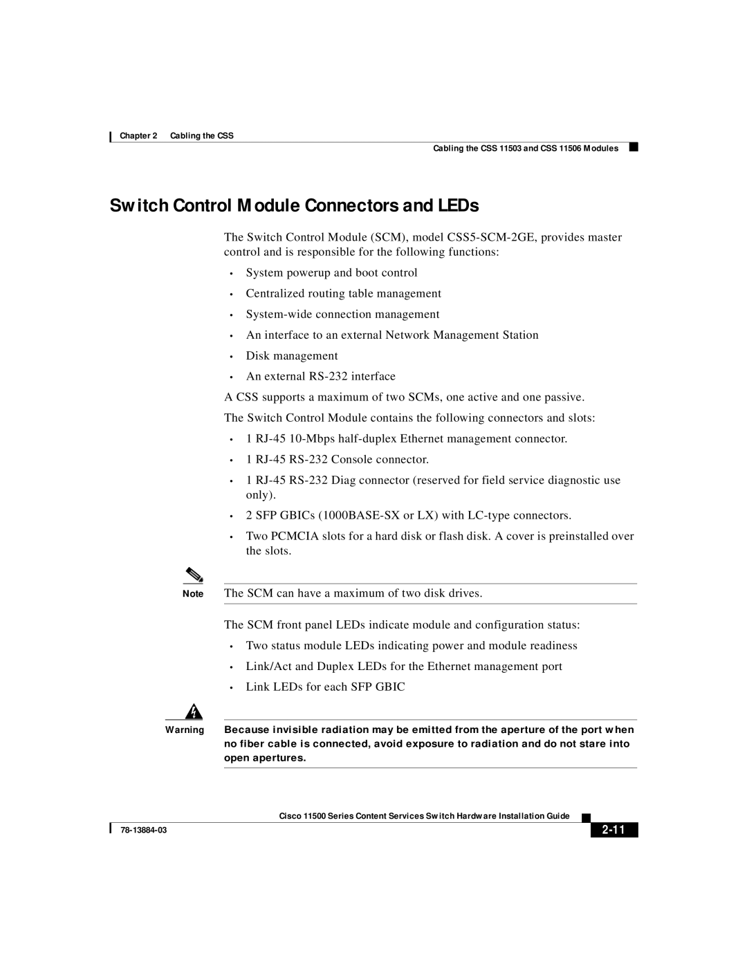 Cisco Systems 11500 Series manual Switch Control Module Connectors and LEDs 