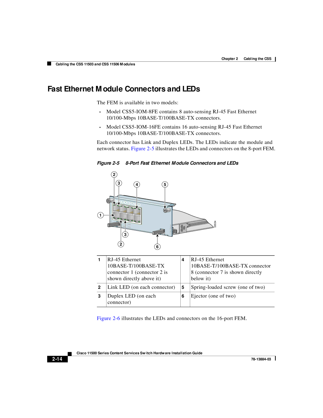 Cisco Systems 11500 Series manual Fast Ethernet Module Connectors and LEDs, RJ-45 Ethernet, 10BASE-T/100BASE-TX connector 