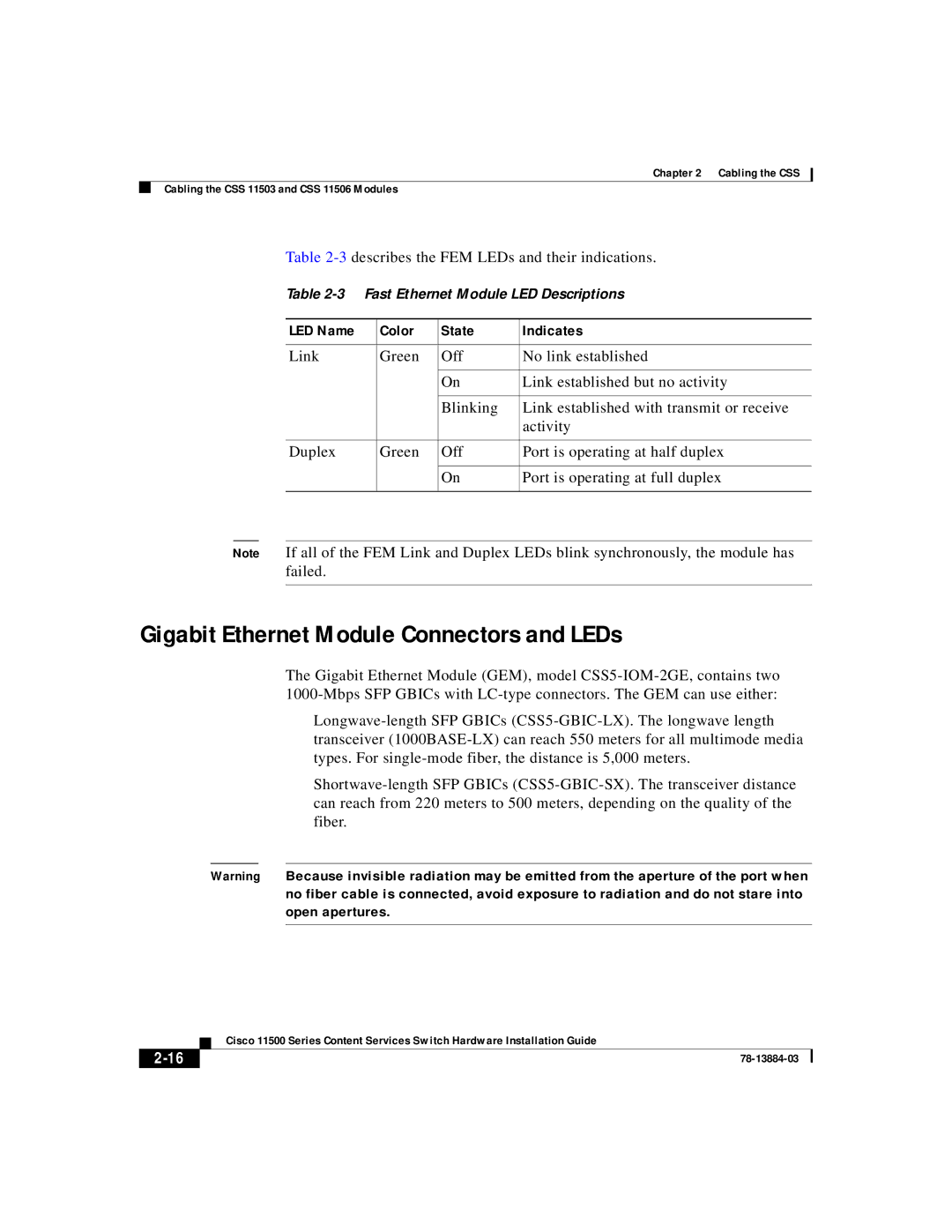 Cisco Systems 11500 Series Gigabit Ethernet Module Connectors and LEDs, 3describes the FEM LEDs and their indications 