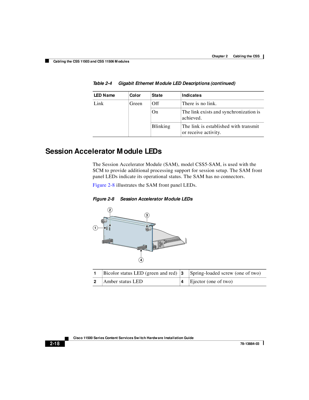 Cisco Systems 11500 Series manual Session Accelerator Module LEDs, 8illustrates the SAM front panel LEDs 